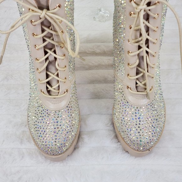 Barri Nude Rhinestone Chunky Heel Platform Ankle Boots - Picture 10 of 15